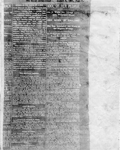 "Idol of her People: Ida B. Wells, the Colored Advocate, Welcomed Home," The Daily Inter-Ocean, August 8, 1894